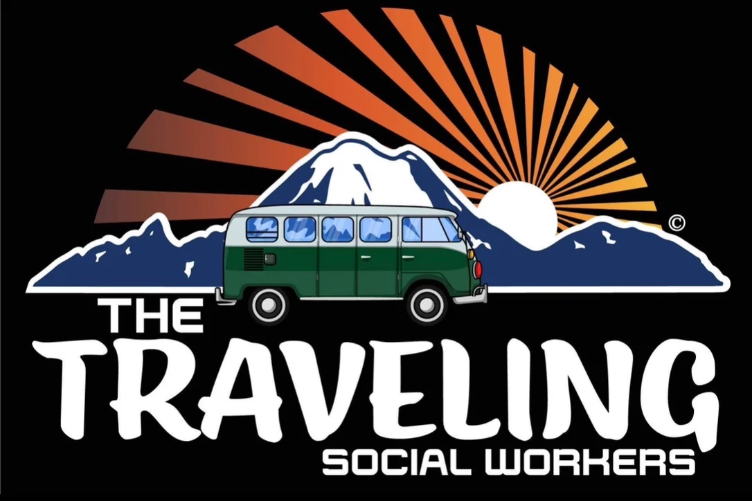 The Traveling Social Workers company logo with mountains, a rising sun, and a traveling van